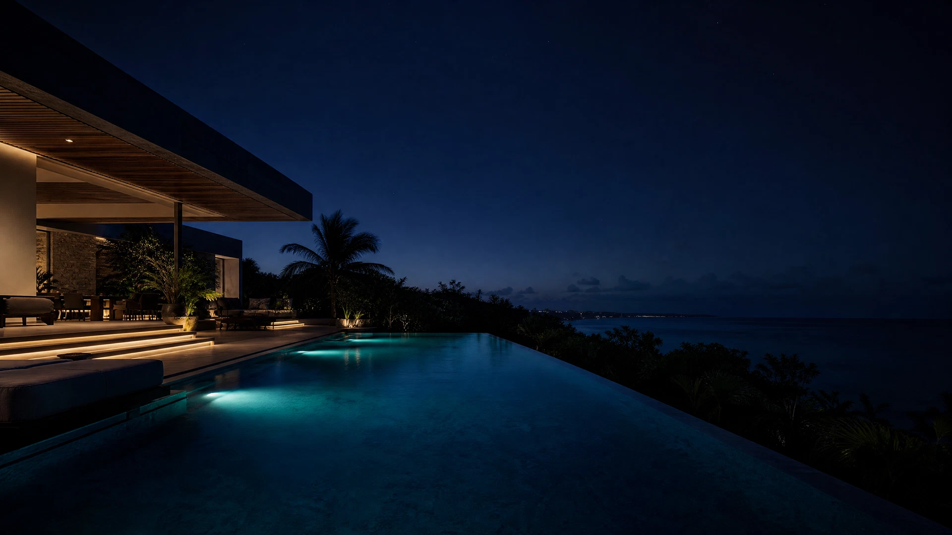 Piscina infinita de noche en el sureste de México